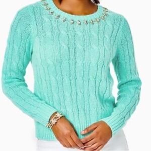 Lilly Pulitzer Cable Knit Sweater Size L Embellished Neck Preppy
